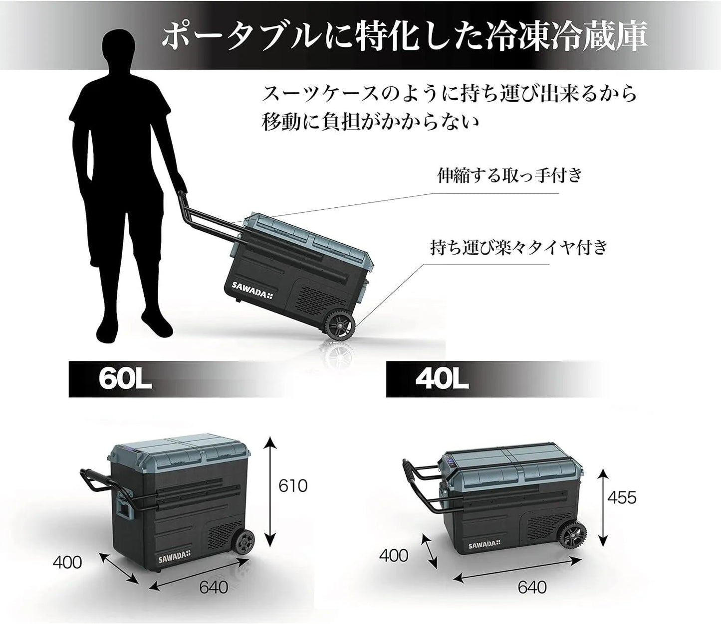 沢田テント　SAWADA　ポータブル冷凍冷蔵庫(外付けバッテリー対応)　60L